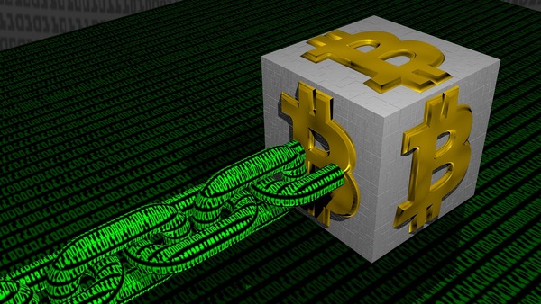 Bitcoin cube linked to a blockchain on green code