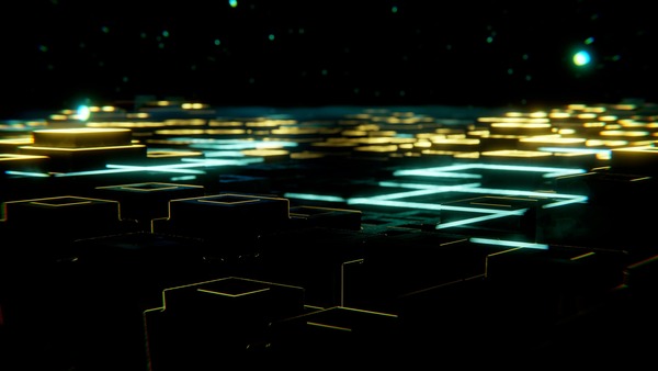 Neon grid landscape at night