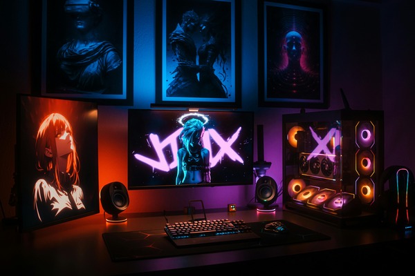 Neon-lit gaming room