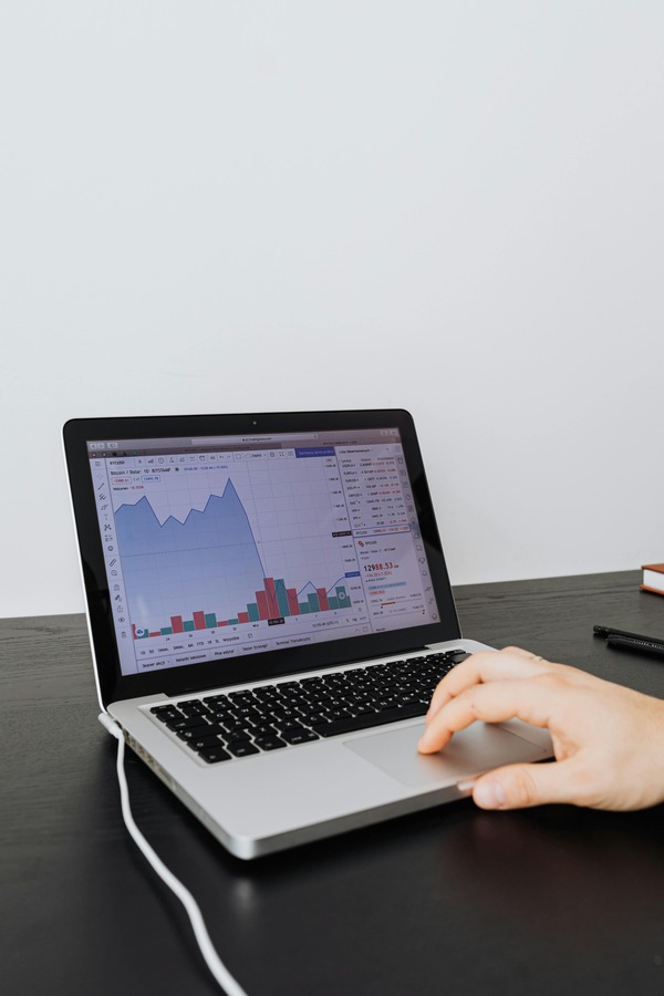 Person using a laptop with a market chart