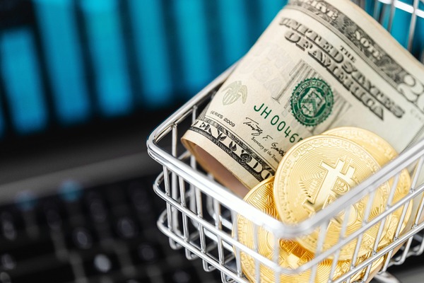 Shopping basket with dollar bills and Bitcoin coins